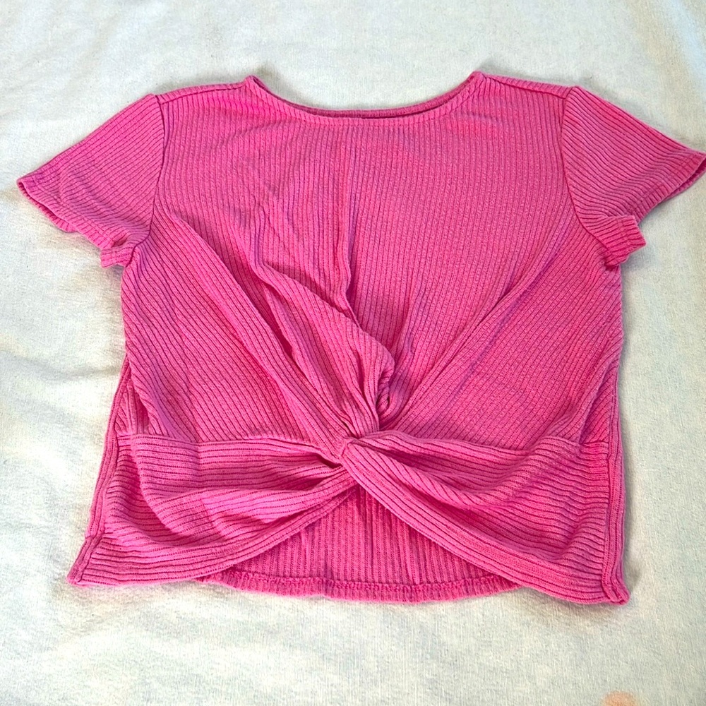 ⭐️ Wonder Nation pink ribbed knit top cup sleeves, twist knot waist girl L